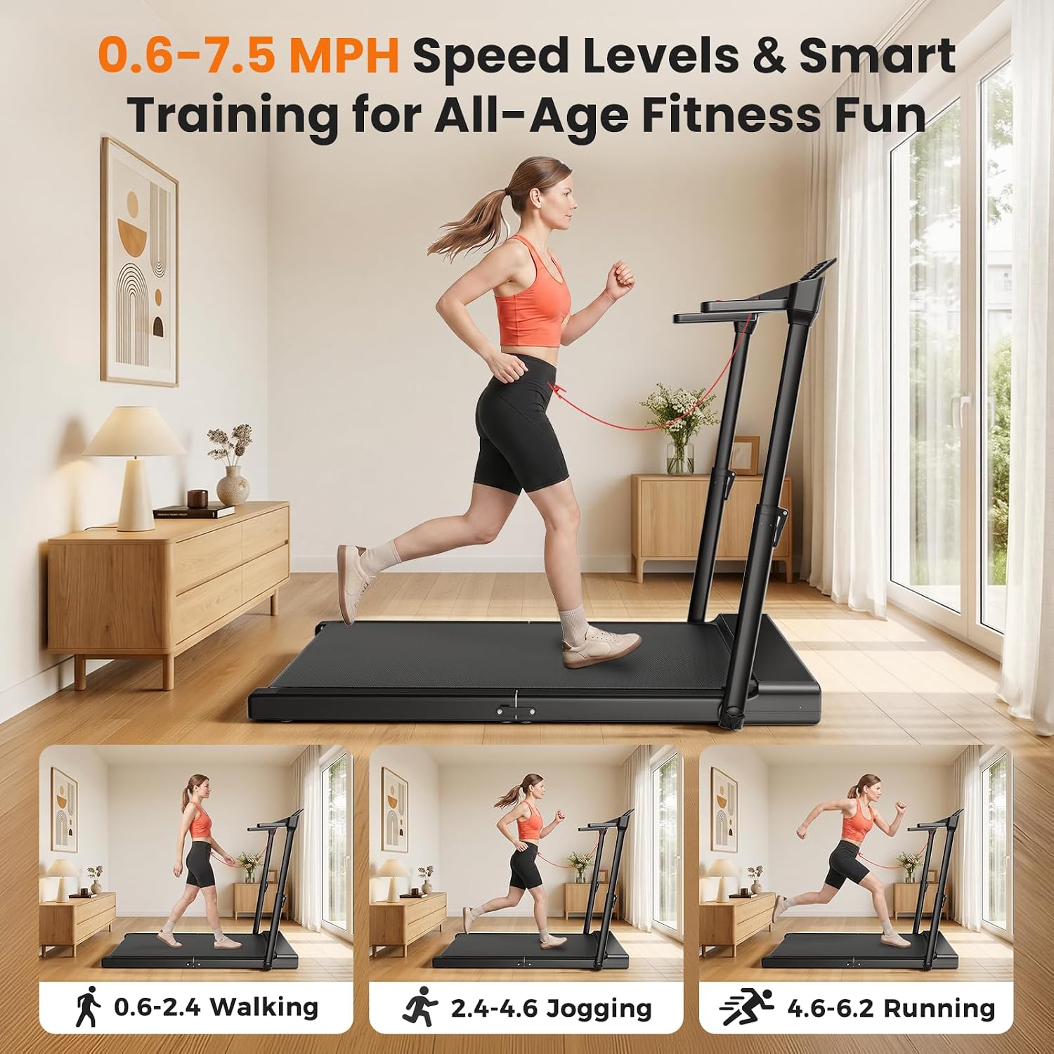 JT57 Folding Treadmill for Home, 300LB Capacity Smart Vertical Storage Machine