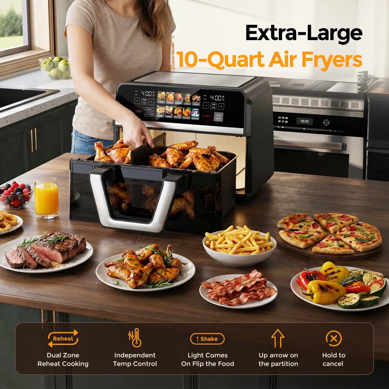 AF11 Dual Basket Air Fryer, 10QT Large Sync Finish Cooking Oven, 1600W