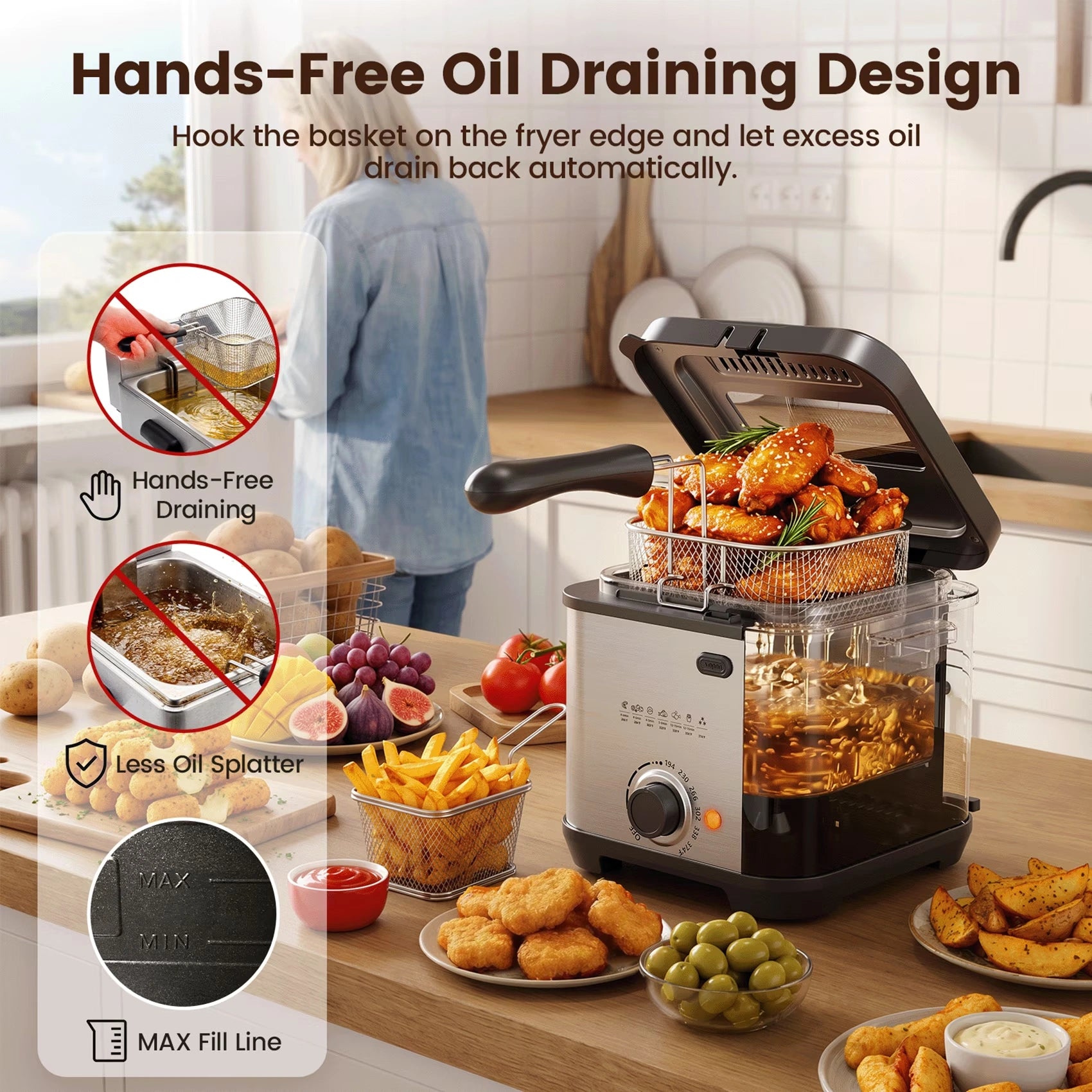 DA01 Deep Fryer, 1.6QT Compact Oil Saving HandsFree Hook Machine, 950W