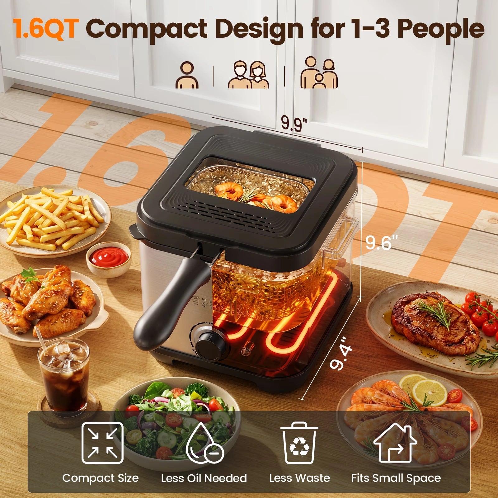 DA01 Deep Fryer, 1.6QT Compact Oil Saving HandsFree Hook Machine, 950W