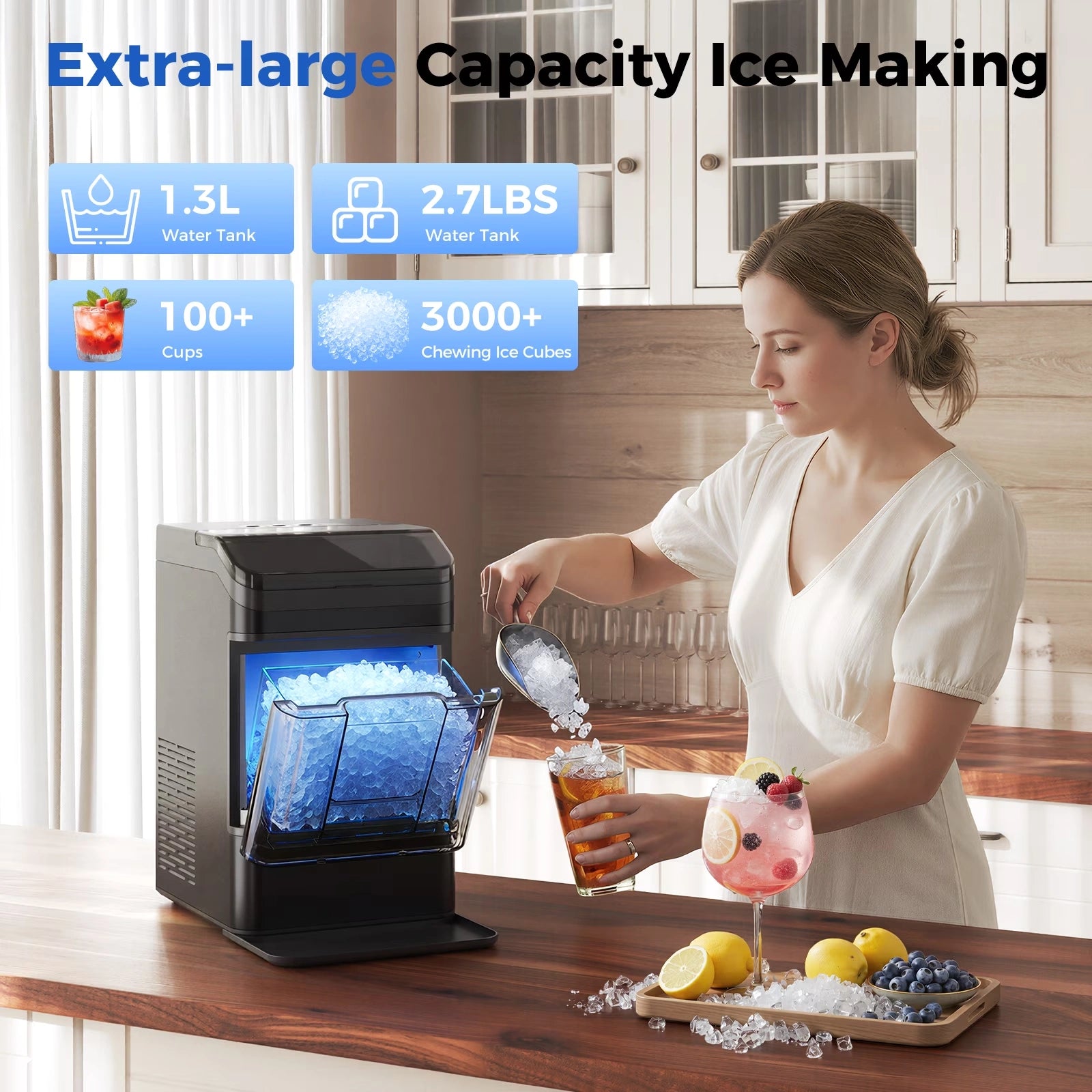 Buyglobal IC01 Portable Pebble Ice Machine with Self-Cleaning, Nugget Ice Maker Countertop, 38Lbs Daily Output, 8 Mins Fast Ready