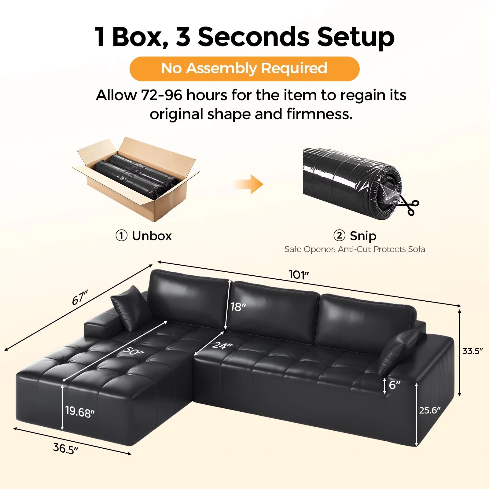101 Inch L-Shaped PU Leather Modular Sectional Sofa, Deep Seat Cloud Couch with Left Chaise