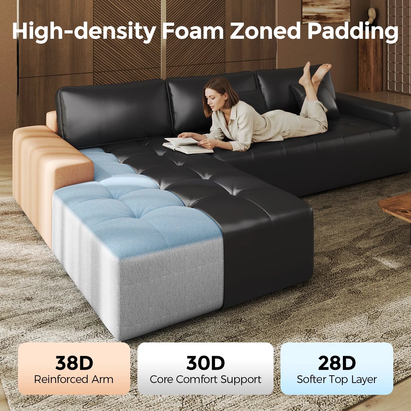 101 Inch L-Shaped PU Leather Modular Sectional Sofa, Deep Seat Cloud Couch with Left Chaise