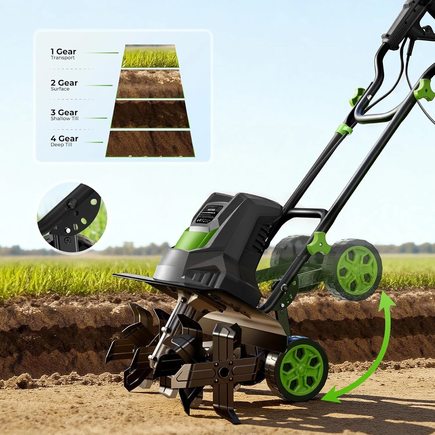 T1800 Electric Garden Tiller Cultivator 1800W 15Ah Motor (400RPM) 18" Wide 9" Deep Tilling