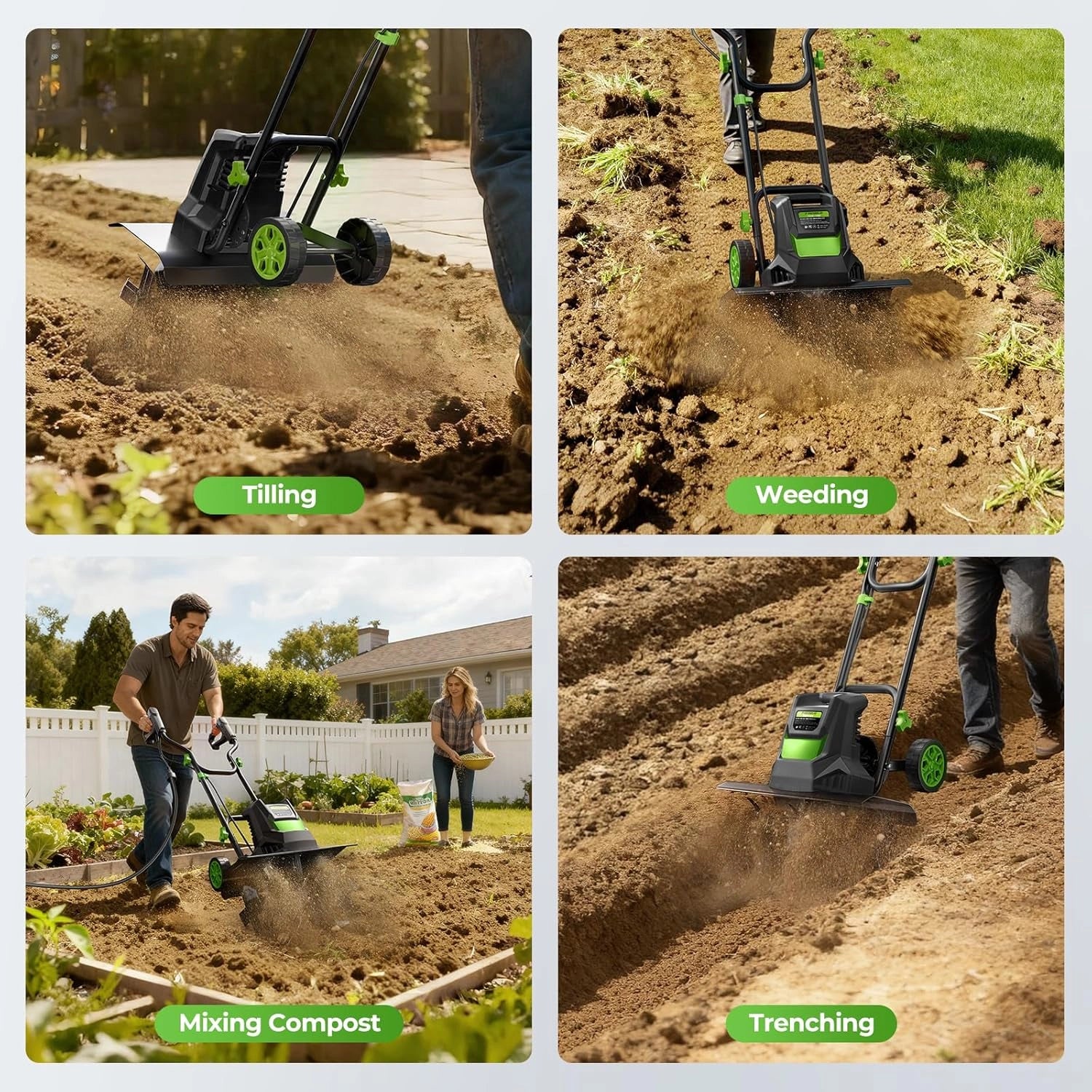 T1800 Electric Garden Tiller Cultivator 1800W 15Ah Motor (400RPM) 18" Wide 9" Deep Tilling