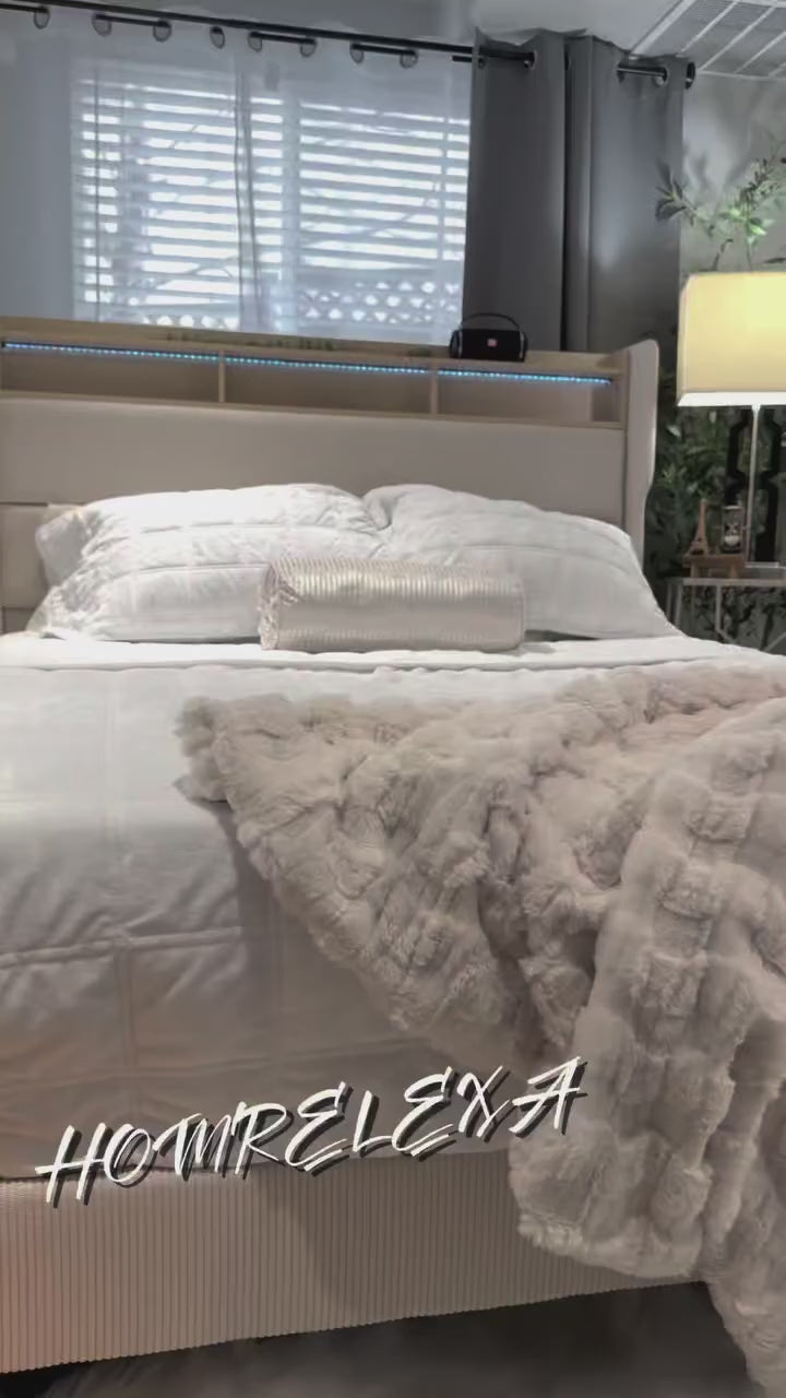 Load video: Bed Frame with 51" Tall Headboard and Storage Shelf