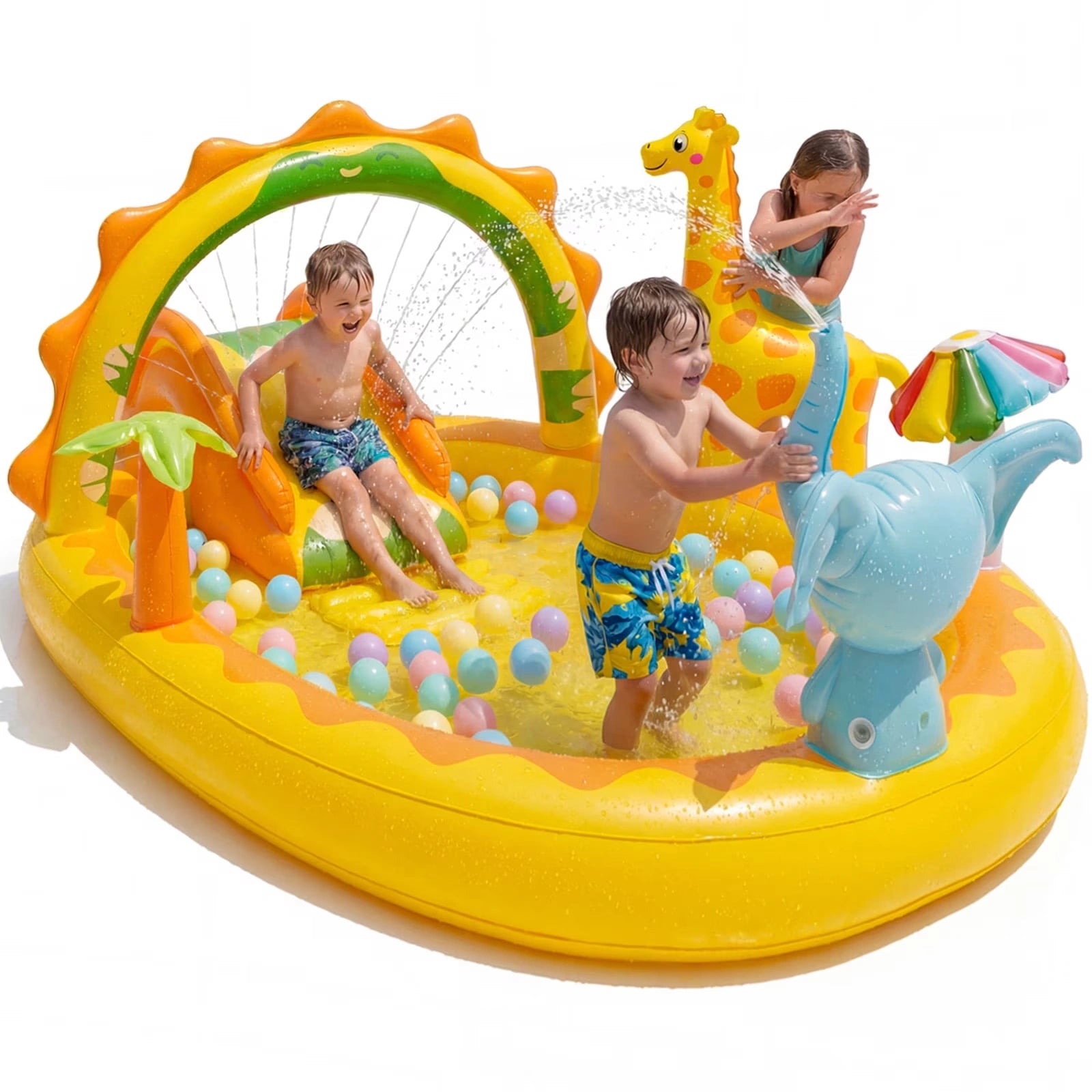 HF001 7ft Giraffe Inflatable Kiddie Pool with Slide & Elephant Sprinkler, BPA-Free Thickened Toddler Play Center