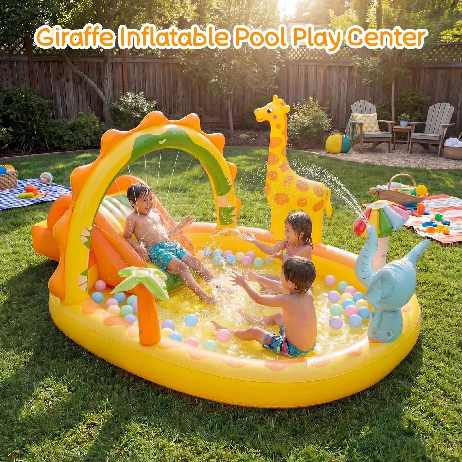 HF001 7ft Giraffe Inflatable Kiddie Pool with Slide & Elephant Sprinkler, BPA-Free Thickened Toddler Play Center